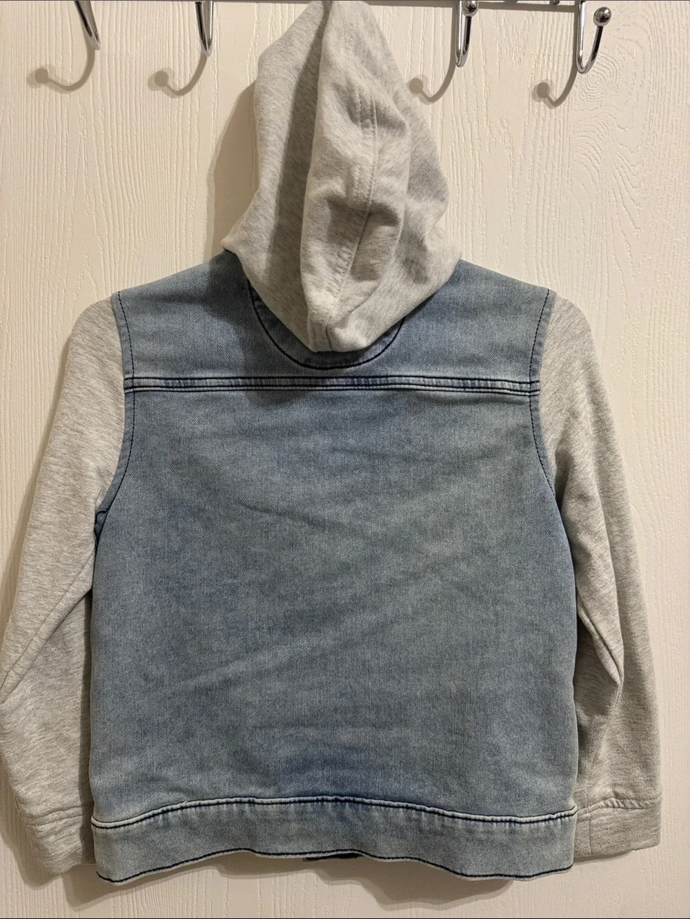 Children’s Denim Art Class Denim Jacket Fleece Sleeves Hood Button Up Small 6-7